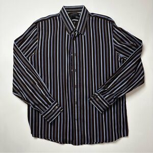 Express Design Studio Mens XL Striped Brown Blue Button Up Long Sleeve Cotton